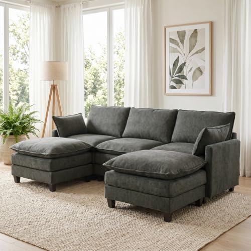 Modular Sectional Sofa, 95" U Shaped Couch, Couches for Living Room | Movable Ottomans, High Resilience Foam, 22" Seat Depth, 2 Layer Cushions, Armrest Pillows, Easy Assembly, Chenille, Dark Gray