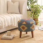 Handmade Kilim Jute Pouf Ottoman Stool | Round Upholstered Seating with Acacia Wood Base | Decorative Foot Rest for Living Room, Bedroom, Hallway, Office & Lounge (Grey)