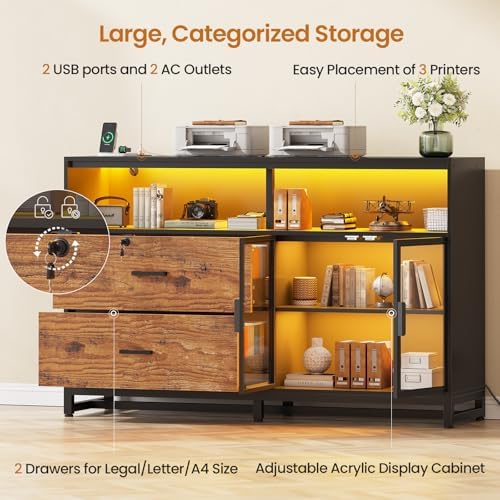 SEDETA 59" Filing Cabinet with Lock Drawers fits Legal Size for Home Office | Rustic Brown Lateral 2 Drawers File Cabinet with Acrylic Display Cabinet, Power Strip, Printer Stand with Storage Shelves