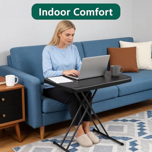 Folding Table 30 Inch - Small Desk Adjustable Height TV Tray for Laptop, Couch, Camping - Heavy Duty Utility Foldable Table for Small Spaces, No Assembly Required, Snowy Granite (Black)