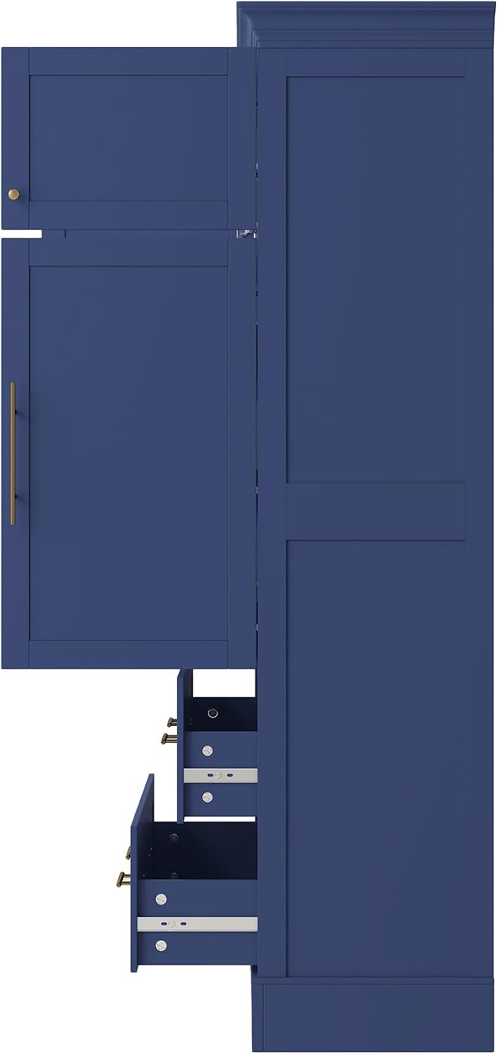 Polibi Farmhouse Freestanding Kitchen Pantry Cabinet, 40" Wide 4-Door Storage with Pull-Out Trays, Drawers & Cake Pan Organizer, Shaker Style in Blue