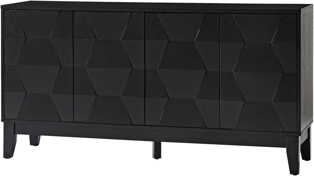 HULALA HOME Mid Century Sideboard Buffet Cabinet with Solid Wood Legs, 60" Kitchen Storage Cabinet Credenza with 4 Doors and 2 Shelves, Accent Console Table (Black)