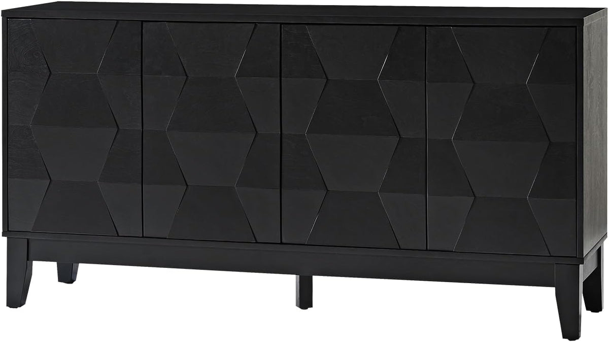 HULALA HOME Mid Century Sideboard Buffet Cabinet with Solid Wood Legs, 60" Kitchen Storage Cabinet Credenza with 4 Doors and 2 Shelves, Accent Console Table (Black)
