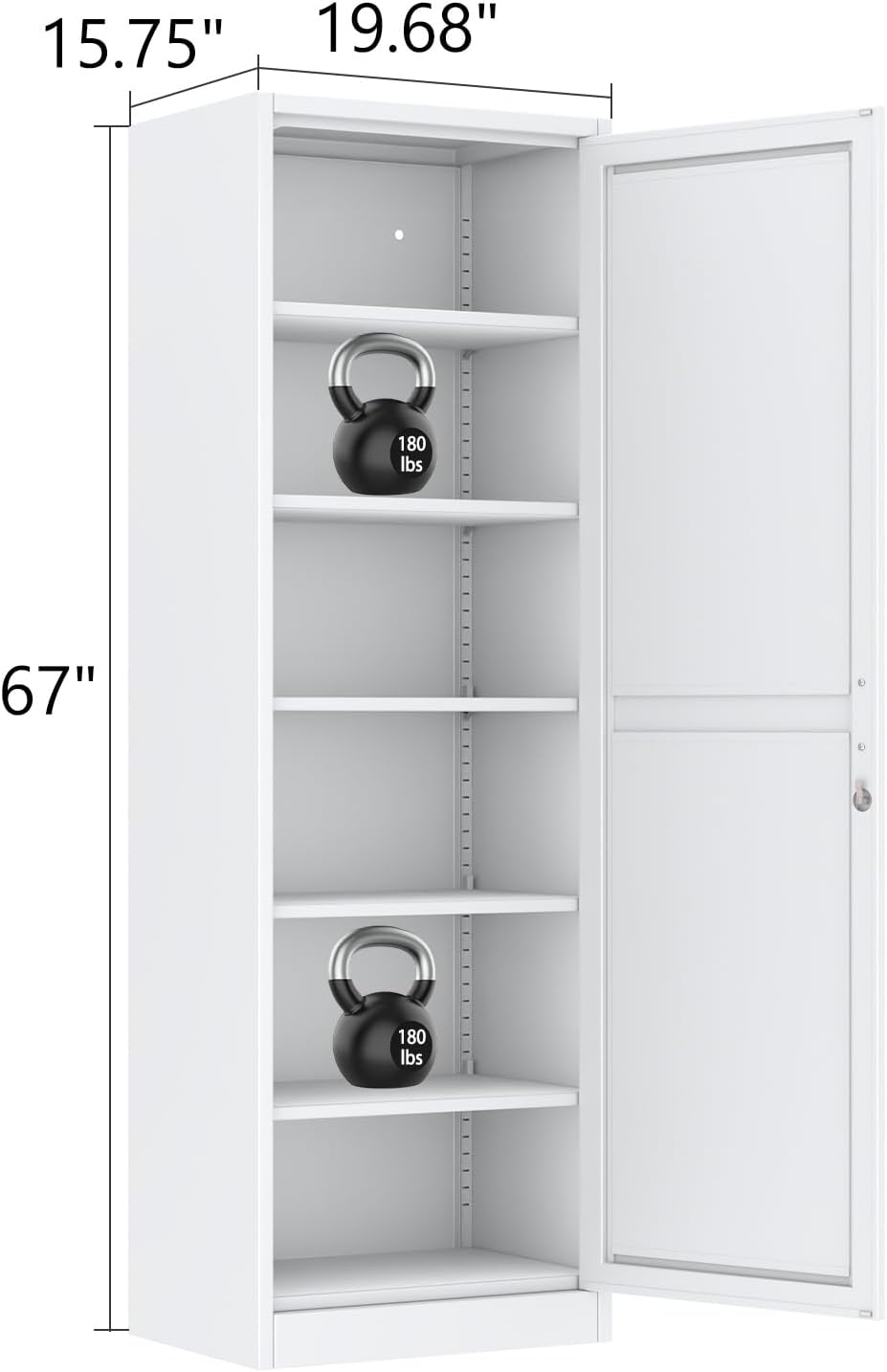 Metal Narrow Pantry Cabinet with Doors and Shleves, 67" H Tall Locker Cabinet, Kitchen Pantry Storage Cabinets for Kitchen, Living Room, Bathroom (1Door-Lock, White)