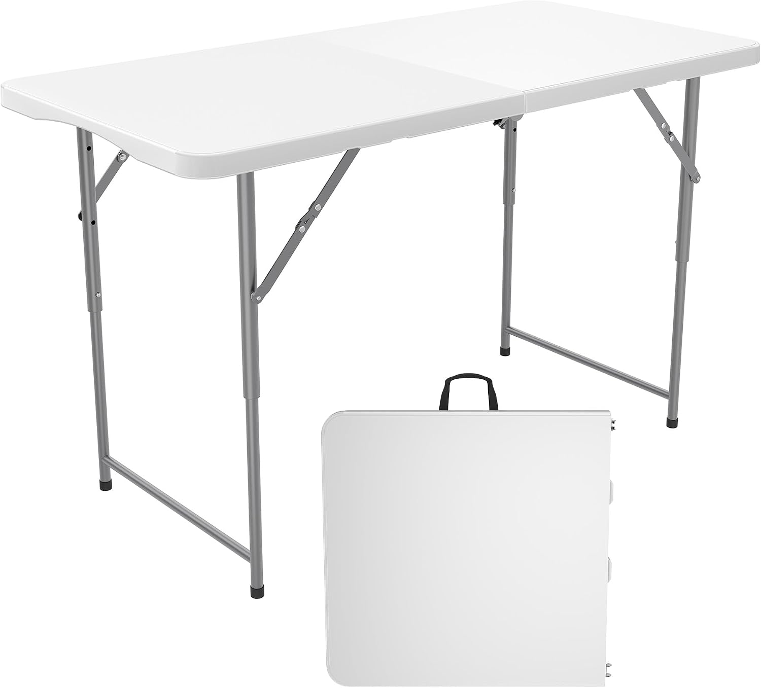 Garvee 4ft Folding Table HDPE Foldable Table with Carrying Handle 3 Adjustable Height Settings Metal Frame Support Up to 400LB Portable for Picnic Camping Party Indoor & Outdoor Use, 1 Pack White