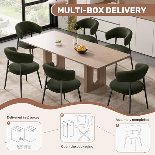 Dining Chairs Set of 4, Mid Century Modern Kitchen Chairs, Boucle Upholstered Dining Chair with Curved Backrest & Metal Legs for Kitchen Dining Room, Green