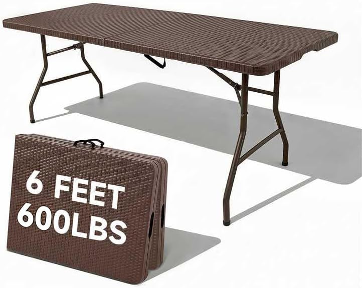Folding Table 6 Foot, Heavy Duty 600 LBS Capacity, HDPE Wicker Pattern, Sturdy Design with Safety Lock, Portable Tables Folding for Camping, Party, Indoor & Outdoor Use, 2 Pack