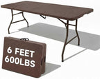 Folding Table 6 Foot, Heavy Duty 600 LBS Capacity, HDPE Wicker Pattern, Sturdy Design with Safety Lock, Portable Tables Folding for Camping, Party, Indoor & Outdoor Use, 2 Pack