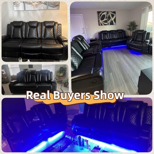 Power Recliner Sofa Set, Breathing Leather Reclining Couch Set, 3 Piece Living Room Furniture Set with LED Lights/Charging Ports/Storage for Home/Office (Black, Sofa+Loveseat+Chair)