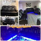 Power Recliner Sofa Set, Breathing Leather Reclining Couch Set, 3 Piece Living Room Furniture Set with LED Lights/Charging Ports/Storage for Home/Office (Black, Sofa+Loveseat+Chair)