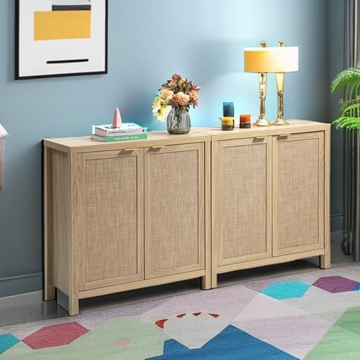 SICOTAS Rattan Sideboard Buffet Cabinet with Large Storage : Boho Credenza Coffee Bar Cabinet with Adjustable Shelves, Farmhouse Console Table for Kitchen, Living Room, Entryway, Natural, 2 Pieces