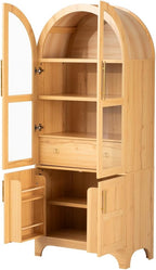 71" Tall Arched Kitchen Pantry Cabinet with Glass Doors, Adjustable Shelves & Hidden Drawer, Cupboard for Kitchen, Dining Room (Natural)