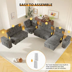 Modular Sectional Sleeper Sofa with Pull Out Bed, 108 Inch U Shaped 7 Seat Couches for Living Room, Chenille Fabric Cloud Couch Bed with Storage & Reclining Backrest, USB Charging, Grey