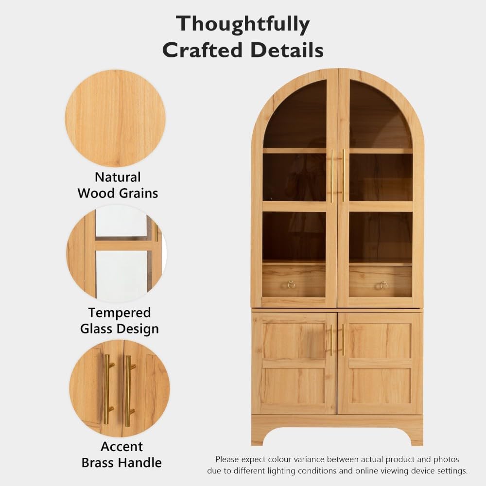 71" Tall Arched Kitchen Pantry Cabinet with Glass Doors, Adjustable Shelves & Hidden Drawer, Cupboard for Kitchen, Dining Room (Natural)