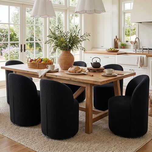 HNY Upholstered Swivel Dining Chairs Set of 6, Mid Century Modern Kitchen Round Sherpa Boucle Dining Room Chairs, Barrel Comfy Armless Accent Makeup Vanity Side Chairs for Living Room, Black