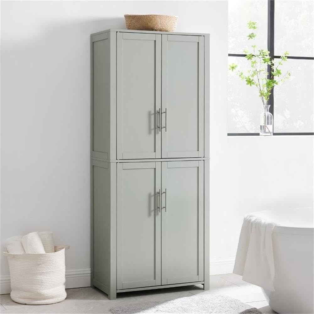 Pemberly Row Tall Wood Pantry Cabinet with Adjustable Shelves, MDF and Birch Veneer, Gray and Nickel Finish, Shaker-Style Doors, 67 in H x 28 in W x 15 in D, Kitchen, Bathroom, or Home Organization