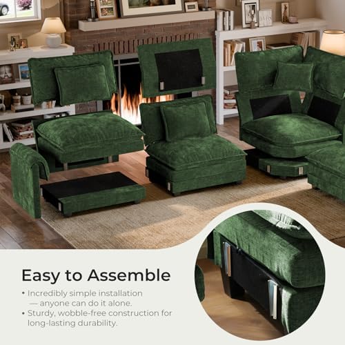 ELUCHANG 114" Oversized Modular Sectional Sofa, Comfy Chenille Cloud Couch, 6-Seater V Shaped Modern Deep Seat Sofa w/Removable Covers for Living Room, Bedroom, DIY Combination - Green