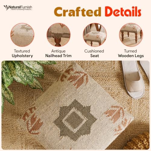 Handmade Jute Upholstered Ottoman Stool | Square Foot Rest with Wooden Legs | Decorative Accent Seating for Bedroom, Living Room, Entryway, Vanity & Hallway (Beige-Green)