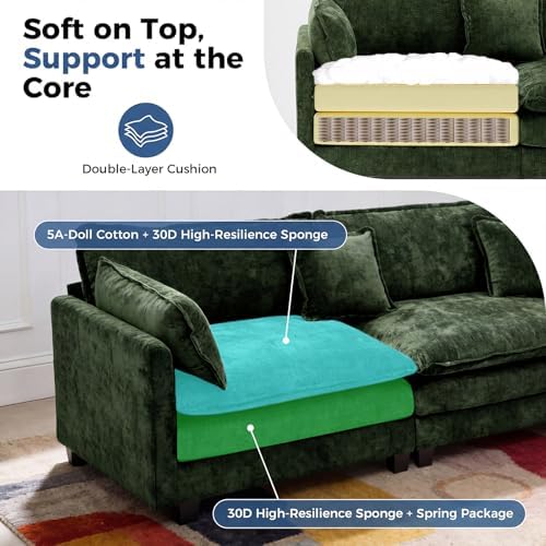Redlife 78" Modular Sectional Loveseat Sofa with Ottoman | 2-Seater Chenille Couch Set with Spring & Double Foam Cushion System, Removable Covers, Easy To Assembly, Green