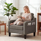 Accent Chairs Set of 2 for Living Room, Mid-Century Upholstered Armchair with Foldable Table & 2 Side Pockets, Modern Linen Wooden Sofa Chair for Bedroom & Reading Room, Brown