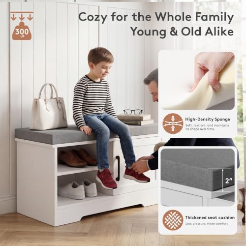 Farmhouse Shoe Storage Bench with 3-in-1 Entryway Storage & Padded Seat | 27.8" Wide Entryway Bench with Adjustable Shelves, Shoe Organizer & Side Storage Rack for Living Room, Bedroom, White