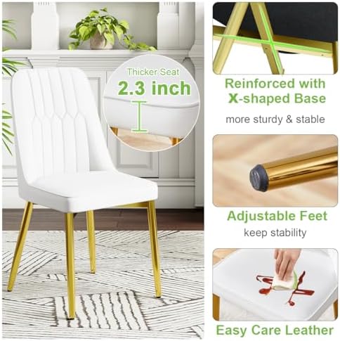 Modern Dining Chairs Set of 4,Upholstered Dining Room Chairs,Kitchen Chairs with Soft Backrest & Gold Metal Legs,Armless Dining Chairs for Kitchen Dining Living Room, White