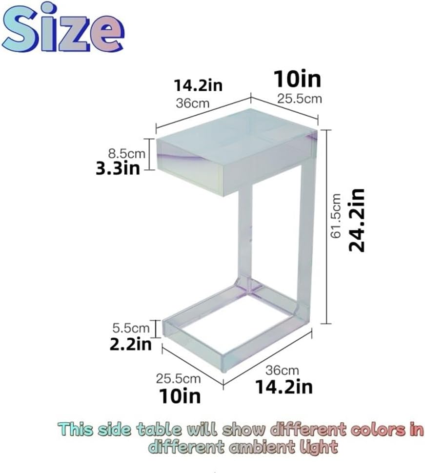 Acrylic Side Table with Integrated Base, Iridescent End Table, C-Shape Nightstand, Rainbow Coffee Table for Living Room, Bedroom