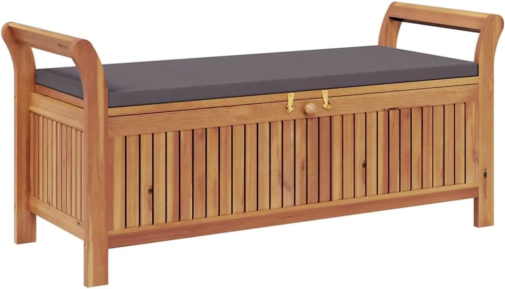 Garden Storage Bench with Cushion, Solid Acacia Wood Outdoor Patio Seat for Backyard, Porch, or Deck, 2-Seater Seating and Under-Seat Storage, Brown Finish, 49.6-inch Wide