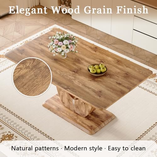 Modern Dining Table Set for 6, 63" Wood Kitchen Table with 6 PU Leather Upholstered Chairs, Farmhouse Style with 1.8" Thick Top and U-Shape Legs, 7 Piece Dining Room Set for Apartment or Kitchen