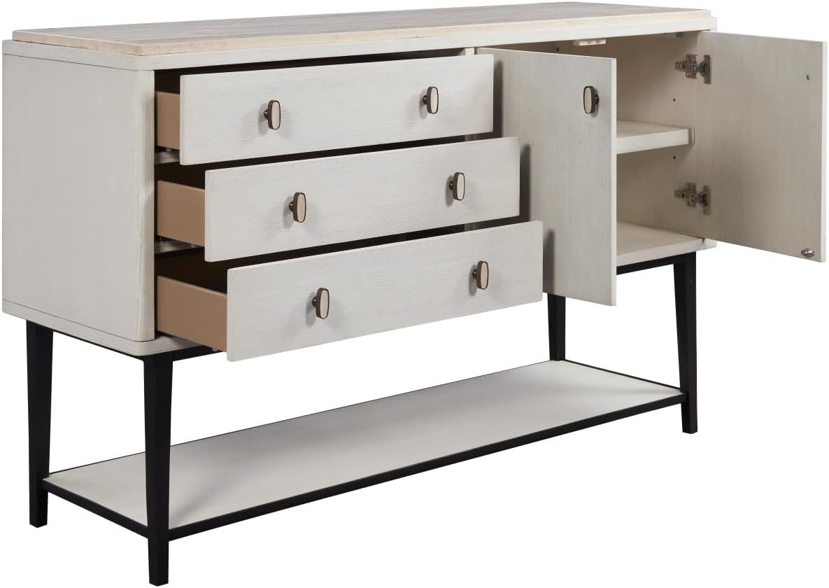 White Solid Wood Server with Metal Base, Solid Wood + MDF | Modern server with soft-close drawers and metal base