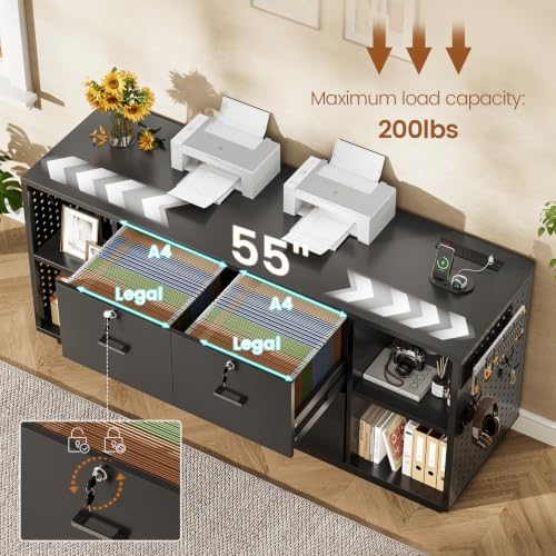 SEDETA 55" File Cabinet with Lock, Large 3 Drawers Filing Cabinets for Home Office, Lockable Printer Stand with Storage, Power Strip, LED Light & Pegboard, Black