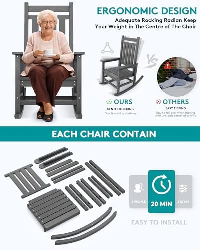 SERWALL Outdoor Rocking Chair Set of 2, HDPE Rocking Chairs for Adult, Grey | 21.1" Widened Seat adds Extra Comfort, Oversized Rocking Chair for Adults, All Weather Porch Rocker for Lawn Garden
