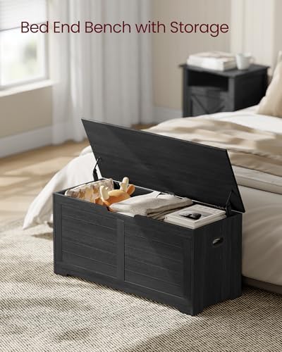 VASAGLE Storage Chest, 39.4 Inches Width Bench with 2 Safety Hinges | Farmhouse Style, for Entryway, Bedroom, Living Room, Charcoal Gray, SOFIE Collection ULSB061B01