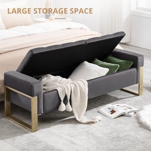 End of Bed Storage Bench, 67'' Benches for Bedroom Foot of Bed King Size, Upholstered Velvet Tufted Storage Ottoman Bench with Gold Legs for Window Living Room Entryway, Grey