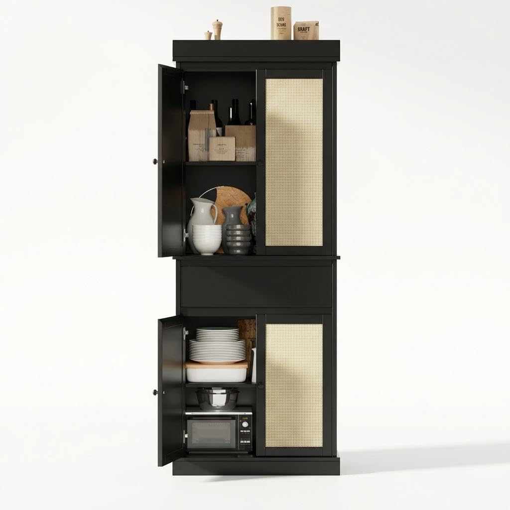 69 Inch Tall Pantry Cabinet , Slim Wood Storage Cupboard with Adjustable Shelves, Rattan Doors and Drawer, Freestanding Kitchen Organizer, Bathroom Linen Cabinet for Dining Room and Laundry Room