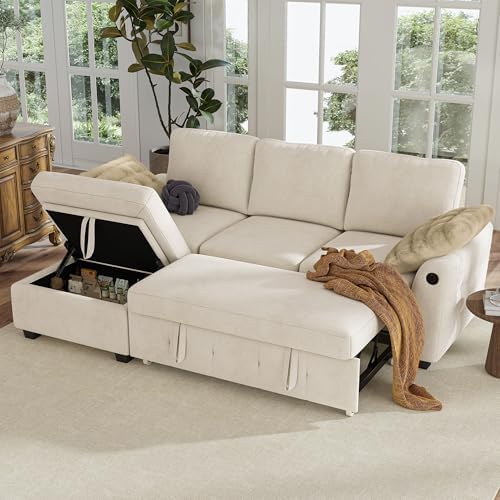 Hanherry 81" Sectional Couch with Pull Out Sofa Bed,Chenille Sleeper Sofa with Storage Ottoman & USB Charging,Comfy L Shaped Modular Couches for Living Room,Apartment