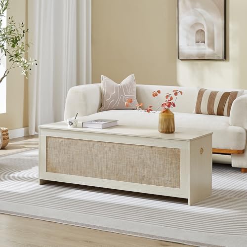 51.2" Storage Chest Large,Wooden Rattan Storage Bench.(White Cream) | Storage trunk with 2 Safety Hinges, 51.2x15.7x18.3 Inch, Easy Assembly, Storage bench For Bedroom, Living Room, Entryway