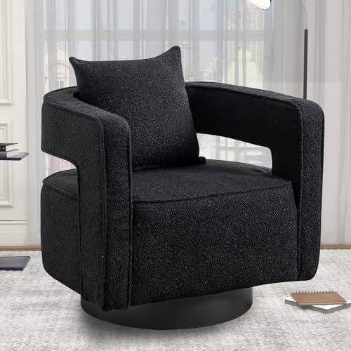 Swivel Accent Chair, Modern Swivel Barrel Chair for Living Room, 360 Degree Comfy Square Accent Chair with Open Back, Upholstered Armchair for Bedroom,Reading, Boucle, Black