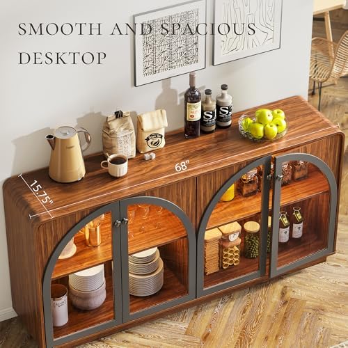 Sideboard Buffet Cabinet with Storage, 68" Walnut Credenza Accent Cabinet Buffet Table w/4 Arched Glass Doors & LED Light, Modern Coffee Bar Liquor Cabinet w/2 Shelves for Kitchen Entryway