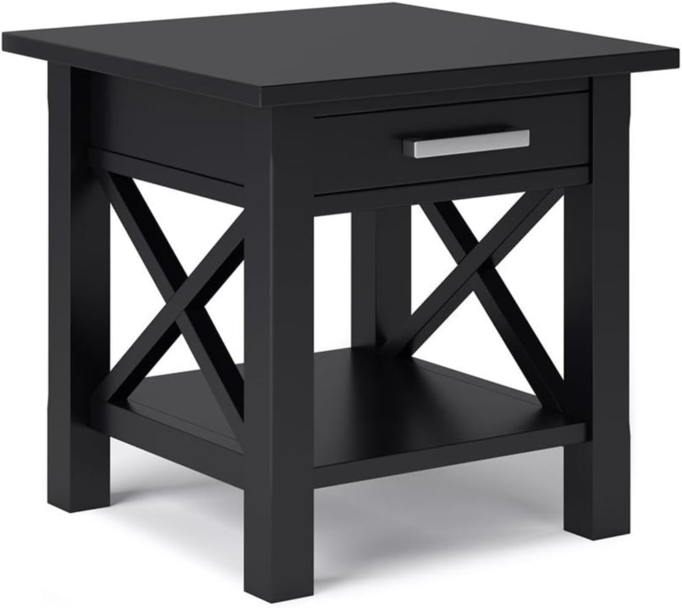 Pemberly Row Solid Wood End Table with Storage, Black Finish, 20.5" W x 20.5" D x 20" H, One Drawer and Shelf, Square Contemporary Design, Living Room or Bedroom Side Table