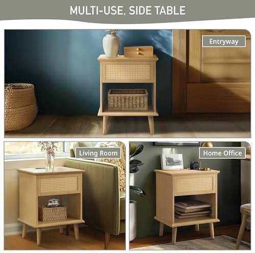 Ink+Ivy End Table with Handwoven Rattan Design, Night Stand with Storage Drawers and Shelves, Equipped with Charging Function and LED Light, Solid Wood Material, for Bedroom, Small Space