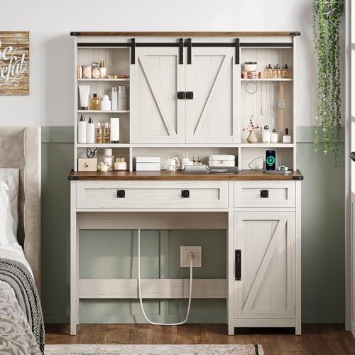 AOGLLATI Makeup Vanity with Lights & Barn Doors, Vanity Desk with Mirror and Lights & Charging Station, Farmhouse White Vanity Table with Jewelry Hooks and Open Storage Shelves