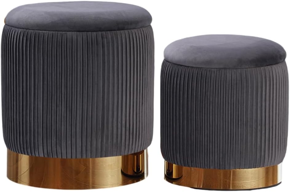 YYW HOME Round Ottoman with Storage Set of 2 Vanity Stool Foot Rest with Removable Lid for Bedroom Gray Velvet Storage Ottoman Coffee Table for Living Room and Dorm (Gray)