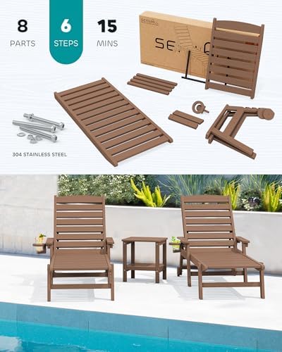 SERWALL HDPE Outdoor Lounge Chair Set of 2 with Cup Holder, Brown | with 5 Position Adjustable Backrest & Rolling Wheels