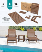 SERWALL HDPE Outdoor Lounge Chair Set of 2 with Cup Holder, Brown | with 5 Position Adjustable Backrest & Rolling Wheels