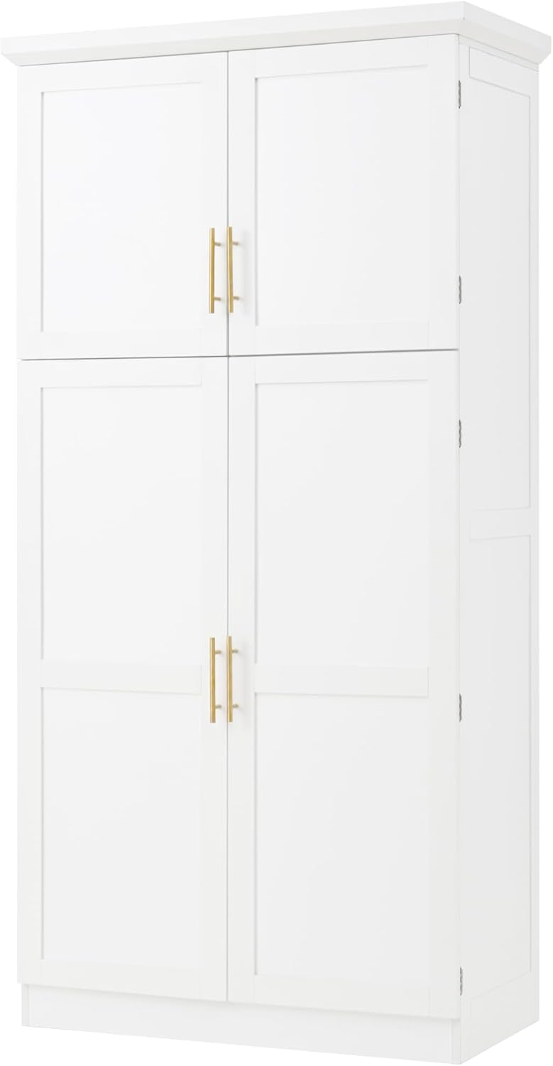 Freestanding Tall Kitchen Pantry Cabinet with 4 Doors and 2 Door Shelves,8 Pull-Out Trays and Adjustable Shelf,for Dining Room (White/F)