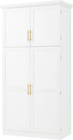 Freestanding Tall Kitchen Pantry Cabinet with 4 Doors and 2 Door Shelves,8 Pull-Out Trays and Adjustable Shelf,for Dining Room (White/F)