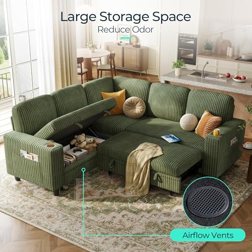 LINSY HOME Sectional Couches for Living Room, 81" L Shape 5 Seats, Green | Sleeper sofa with pull out couch bed, corduroy couch with storage