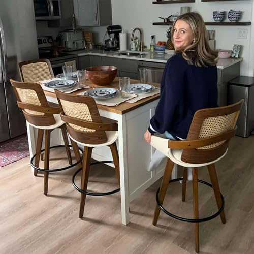 Mid Century Modern Counter Stools, Rattan Swivel Counter Stools with Back | Natural Bentwood Frame, Rattan Back, Walnut Finish, Faux Leather Upholstered Seat, Counter Chairs for Island, Kitchen, Cafe
