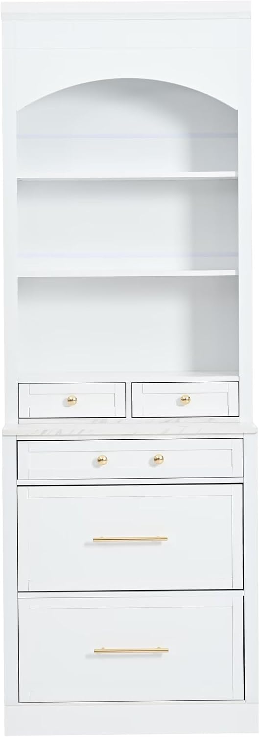 JIJIWANG Modern 83.7inch High Kitchen Pantry, Freestanding Tall Kitchen Hutch with Faux Marble Top, Display Cupboard Cabinet with 5 Storage Drawers and Adjustable Shelf, White